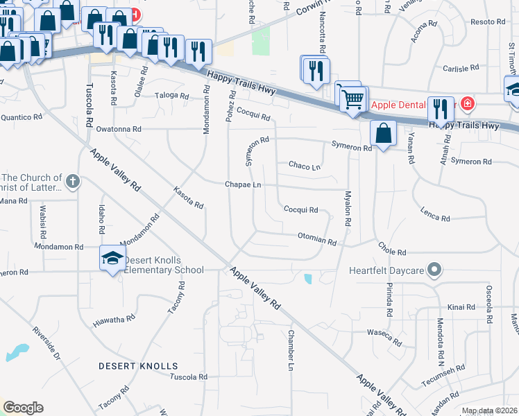 map of restaurants, bars, coffee shops, grocery stores, and more near 18543 Symeron Road in Apple Valley