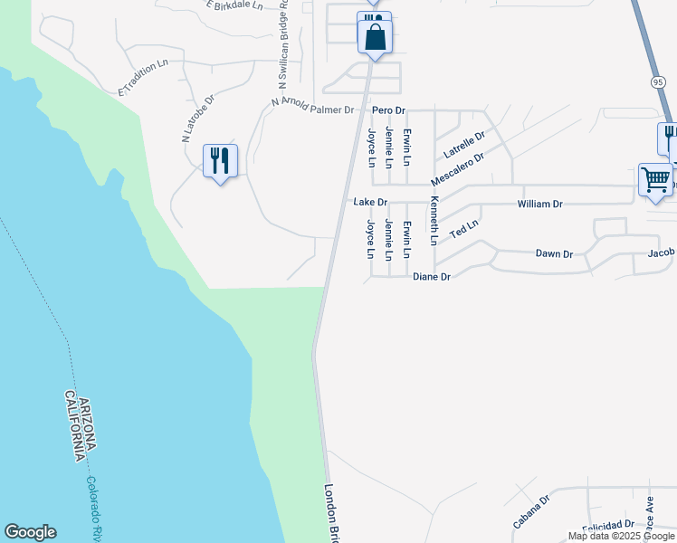 map of restaurants, bars, coffee shops, grocery stores, and more near 3006 London Bridge Rd in Lake Havasu City
