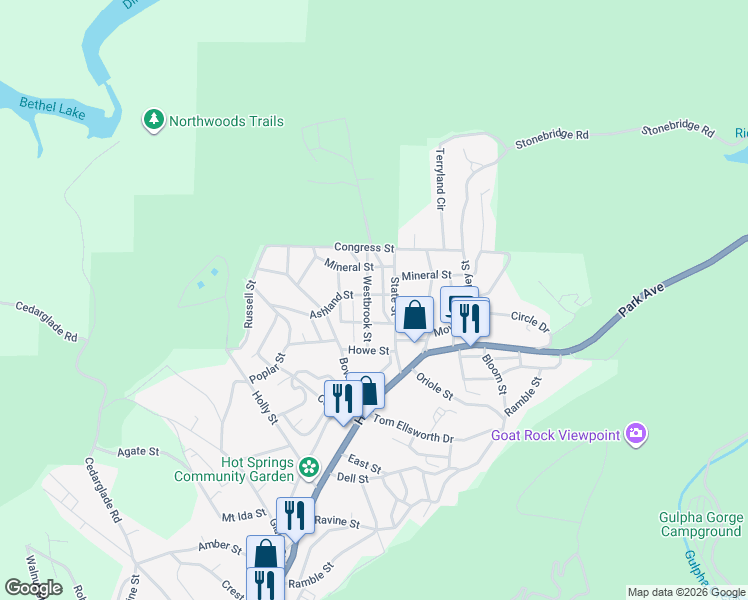 map of restaurants, bars, coffee shops, grocery stores, and more near 301 Westbrook Street in Hot Springs