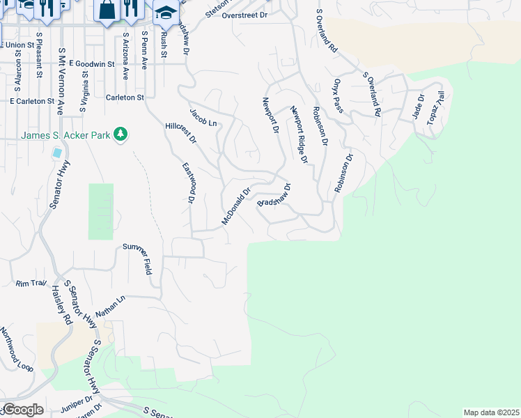 map of restaurants, bars, coffee shops, grocery stores, and more near 561 Bradshaw Drive in Prescott