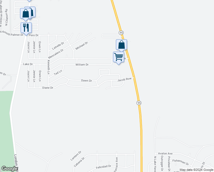 map of restaurants, bars, coffee shops, grocery stores, and more near 2413 Frederick Lane in Lake Havasu City