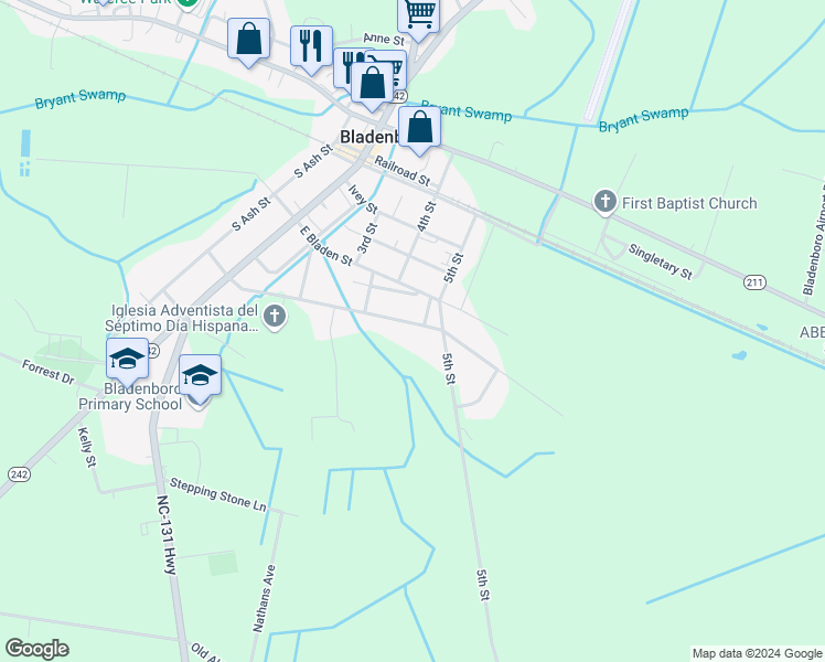 map of restaurants, bars, coffee shops, grocery stores, and more near 423 East Poplar Street in Bladenboro
