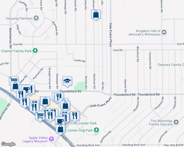 map of restaurants, bars, coffee shops, grocery stores, and more near 15470 Washoan Road in Apple Valley