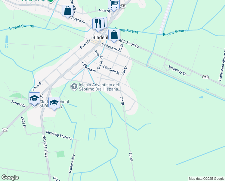 map of restaurants, bars, coffee shops, grocery stores, and more near 423 East Poplar Street in Bladenboro