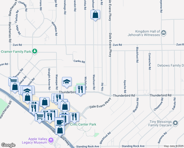 map of restaurants, bars, coffee shops, grocery stores, and more near 15470 Washoan Road in Apple Valley