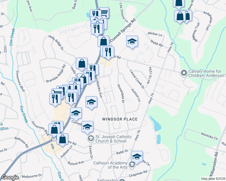 map of restaurants, bars, coffee shops, grocery stores, and more near 2421 Annandale Drive in Anderson