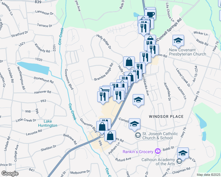map of restaurants, bars, coffee shops, grocery stores, and more near 101 Braeburn Drive in Anderson