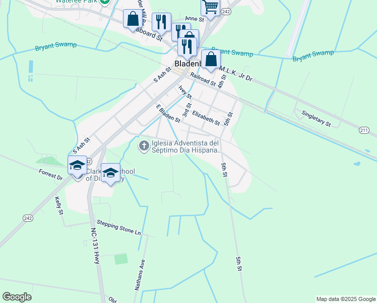 map of restaurants, bars, coffee shops, grocery stores, and more near 403 East Poplar Street in Bladenboro