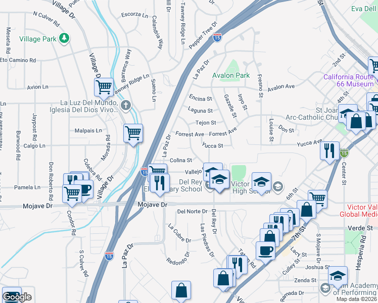 map of restaurants, bars, coffee shops, grocery stores, and more near 15506 Del Rey Drive in Victorville