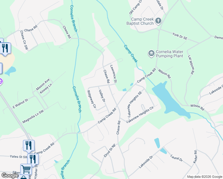 map of restaurants, bars, coffee shops, grocery stores, and more near 532 Ridgeway Circle in Cornelia