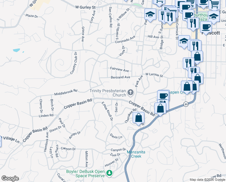 map of restaurants, bars, coffee shops, grocery stores, and more near 748 Copper Basin Road in Prescott