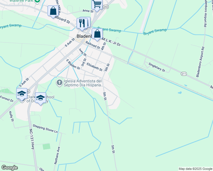 map of restaurants, bars, coffee shops, grocery stores, and more near 504 East Poplar Street in Bladenboro