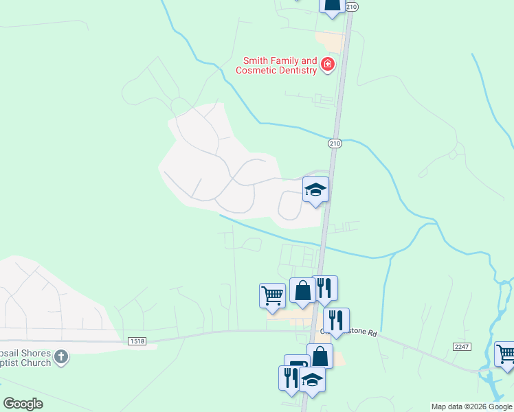 map of restaurants, bars, coffee shops, grocery stores, and more near 413 Bald Cypress Lane in Sneads Ferry