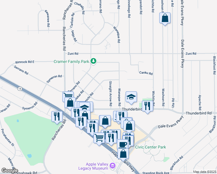 map of restaurants, bars, coffee shops, grocery stores, and more near 15496 Straight Arrow Road in Apple Valley