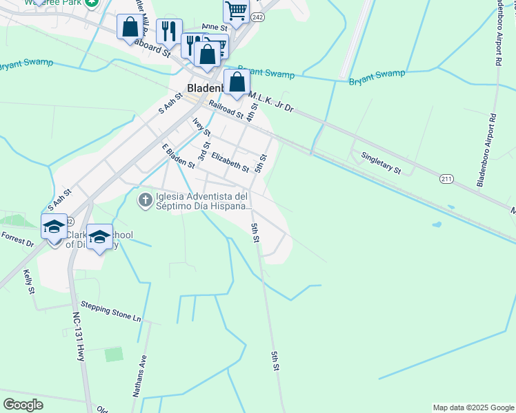 map of restaurants, bars, coffee shops, grocery stores, and more near 504 East Poplar Street in Bladenboro