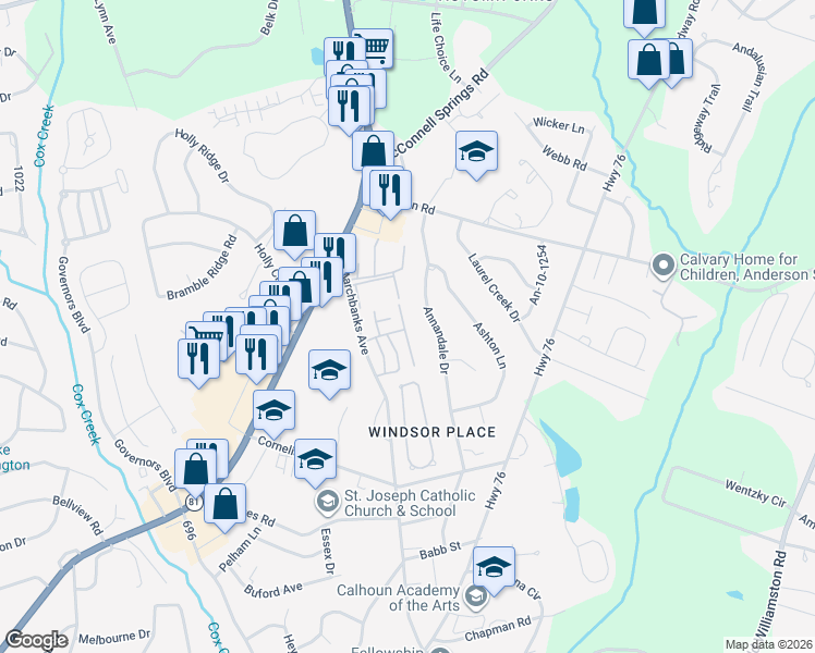 map of restaurants, bars, coffee shops, grocery stores, and more near 2421 Annandale Drive in Anderson