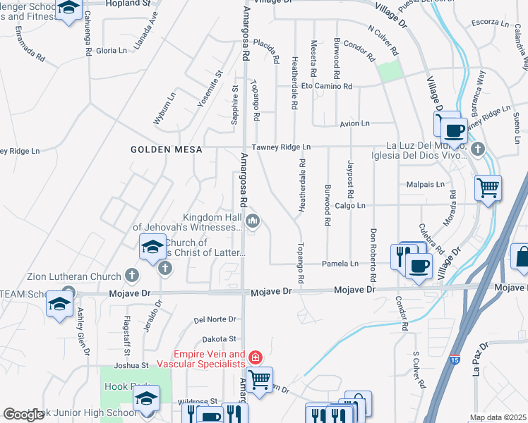 map of restaurants, bars, coffee shops, grocery stores, and more near 15507 Sunny Vista Road in Victorville