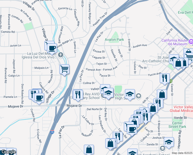 map of restaurants, bars, coffee shops, grocery stores, and more near 15505 Del Rey Drive in Victorville