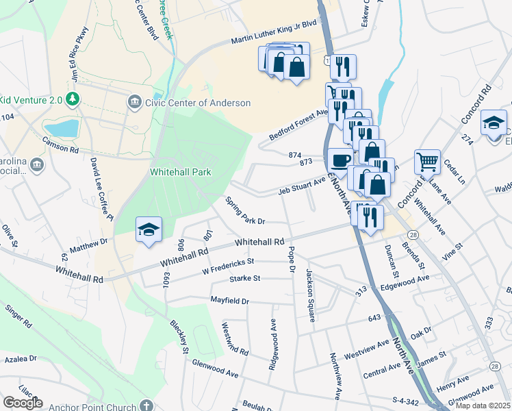 map of restaurants, bars, coffee shops, grocery stores, and more near 409 Jeb Stuart Avenue in Anderson