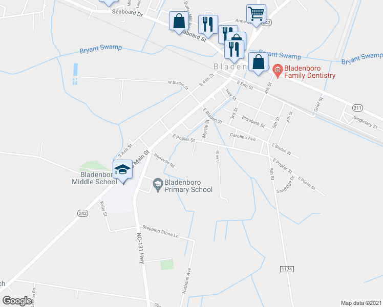 map of restaurants, bars, coffee shops, grocery stores, and more near 215 East Poplar Street in Bladenboro