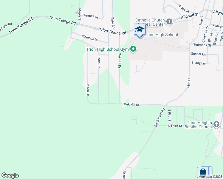 map of restaurants, bars, coffee shops, grocery stores, and more near 529 Oak Hill Drive in Trion