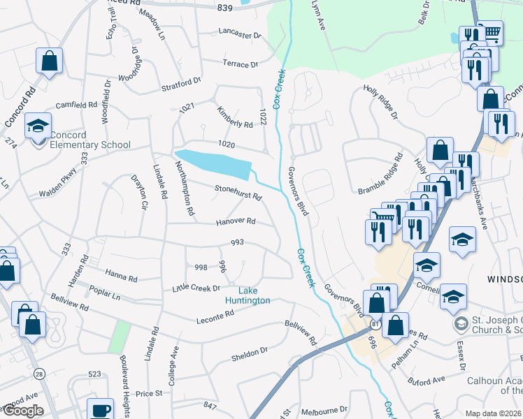 map of restaurants, bars, coffee shops, grocery stores, and more near 1404 Stonehurst Road in Anderson
