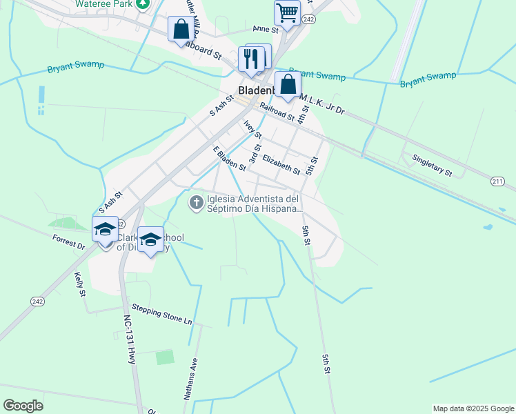 map of restaurants, bars, coffee shops, grocery stores, and more near 403 East Poplar Street in Bladenboro