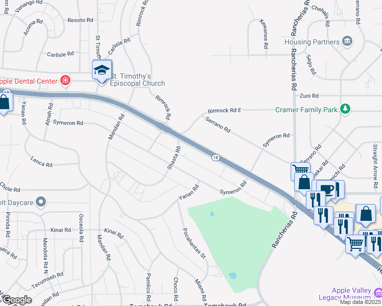 map of restaurants, bars, coffee shops, grocery stores, and more near 19744 Outer Highway 18 South in Apple Valley