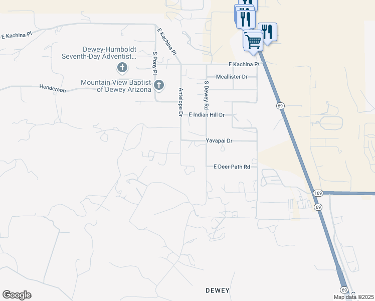 map of restaurants, bars, coffee shops, grocery stores, and more near 12120 Yavapai Drive in Dewey-Humboldt