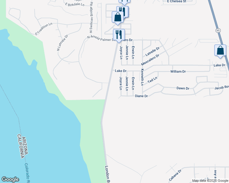 map of restaurants, bars, coffee shops, grocery stores, and more near 3006 London Bridge Road in Lake Havasu City