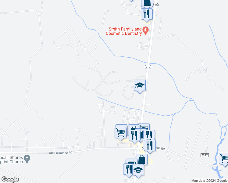 map of restaurants, bars, coffee shops, grocery stores, and more near 411 Bald Cypress Lane in Sneads Ferry