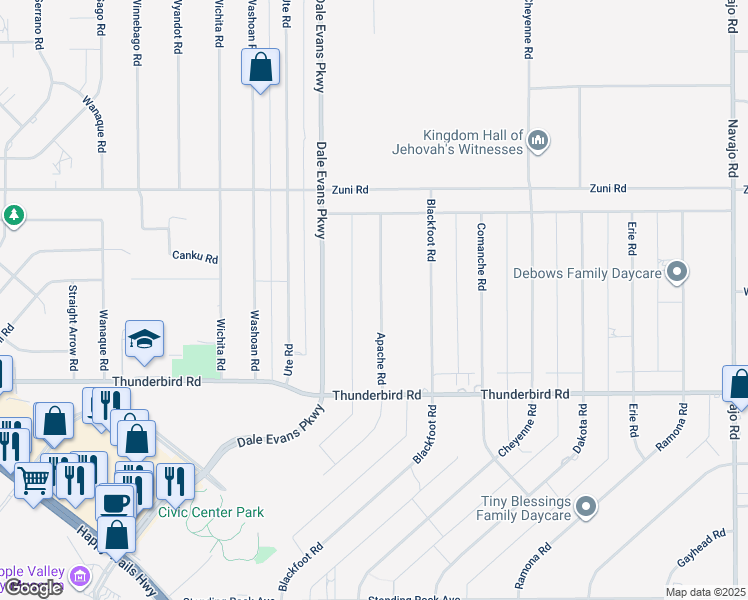 map of restaurants, bars, coffee shops, grocery stores, and more near 15482 Apache Road in Apple Valley