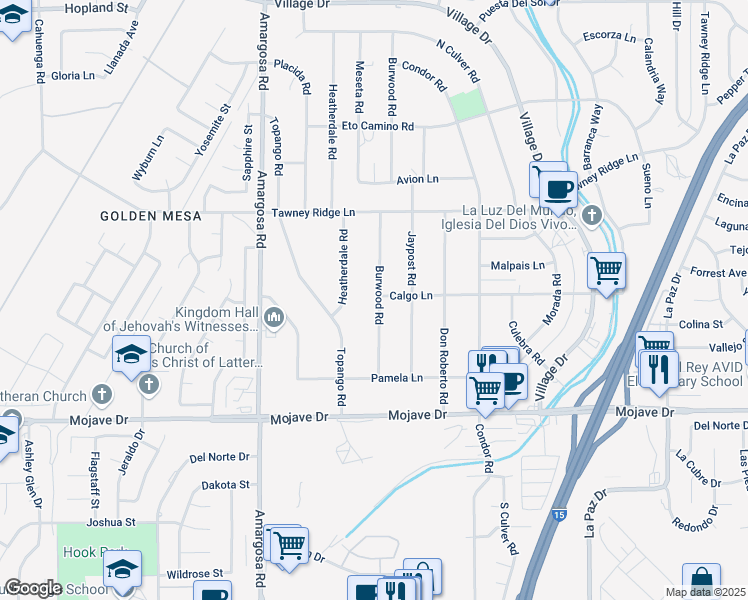 map of restaurants, bars, coffee shops, grocery stores, and more near 15522 Burwood Road in Victorville