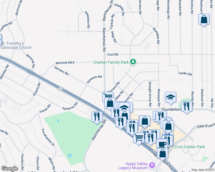 map of restaurants, bars, coffee shops, grocery stores, and more near 15491 Rancherias Road in Apple Valley