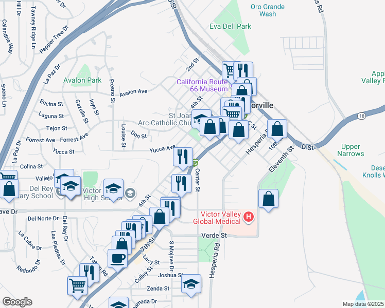 map of restaurants, bars, coffee shops, grocery stores, and more near 15427 6th Street in Victorville