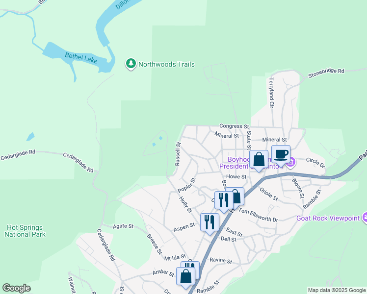 map of restaurants, bars, coffee shops, grocery stores, and more near 218 Elizabeth Terrace in Hot Springs