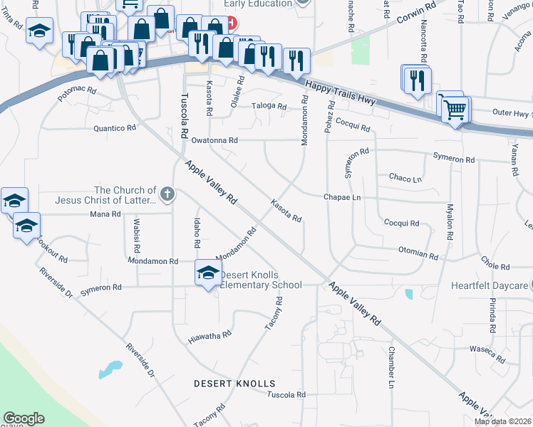 map of restaurants, bars, coffee shops, grocery stores, and more near 15490 Mondamon Road in Apple Valley