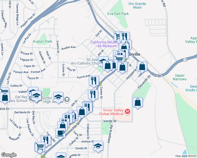 map of restaurants, bars, coffee shops, grocery stores, and more near 15427 6th Street in Victorville