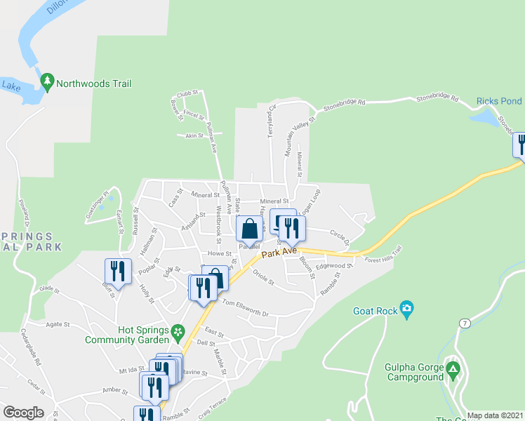 map of restaurants, bars, coffee shops, grocery stores, and more near 206 Harrell Street in Hot Springs