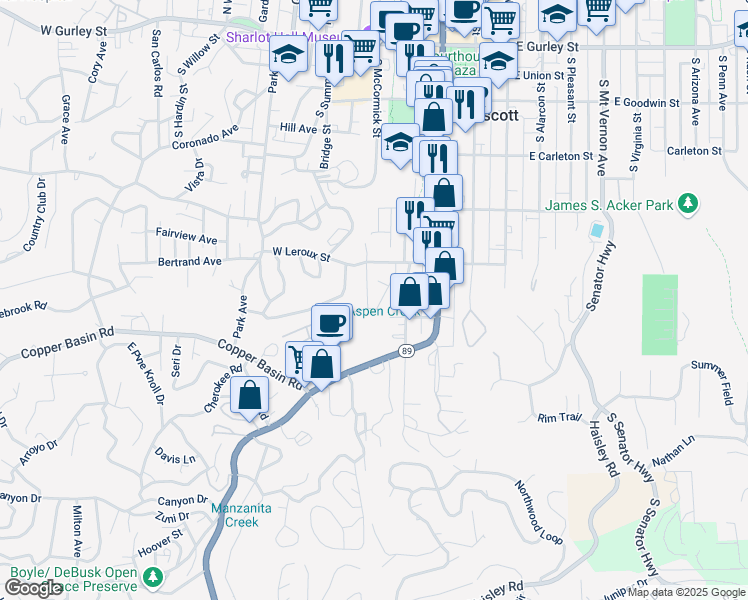 map of restaurants, bars, coffee shops, grocery stores, and more near 7 S McCormick Street in Prescott