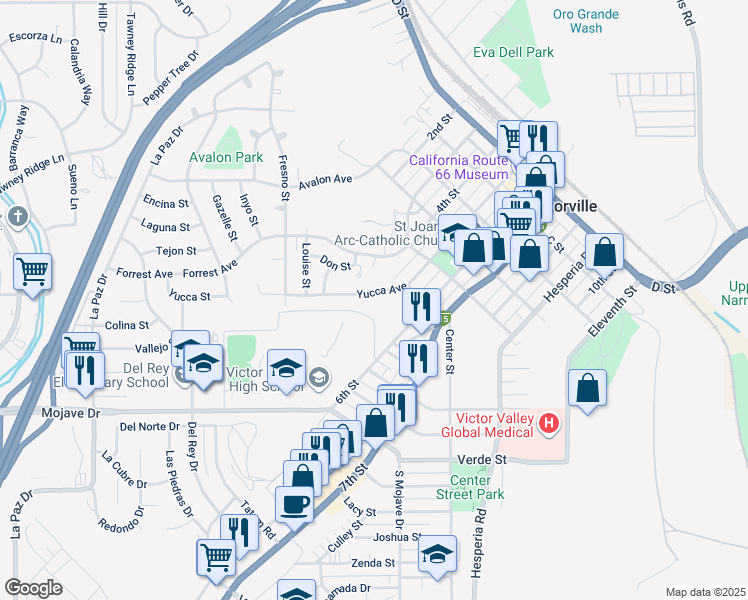 map of restaurants, bars, coffee shops, grocery stores, and more near 16689 Yucca Avenue in Victorville