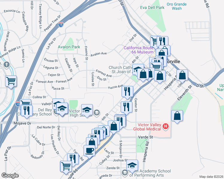 map of restaurants, bars, coffee shops, grocery stores, and more near 16745 Yucca Avenue in Victorville
