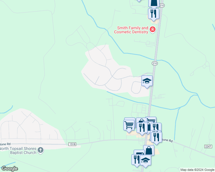 map of restaurants, bars, coffee shops, grocery stores, and more near 432 Bald Cypress Lane in Sneads Ferry