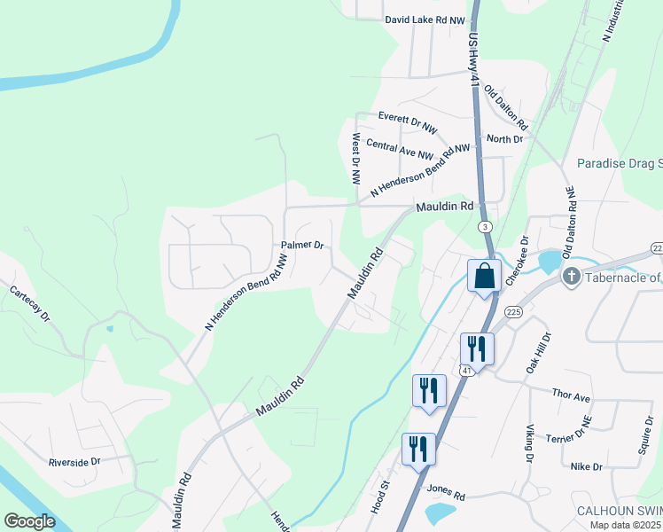 map of restaurants, bars, coffee shops, grocery stores, and more near West Sequoyah Drive in Calhoun