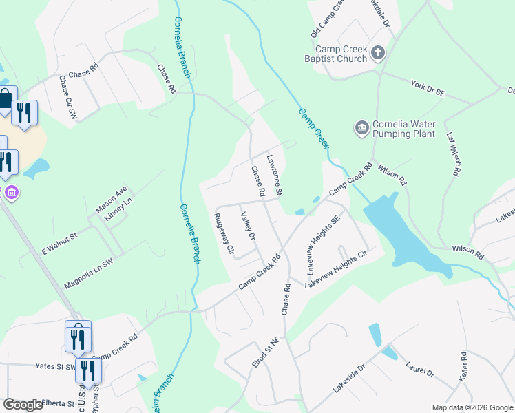 map of restaurants, bars, coffee shops, grocery stores, and more near 532 Ridgeway Circle in Cornelia