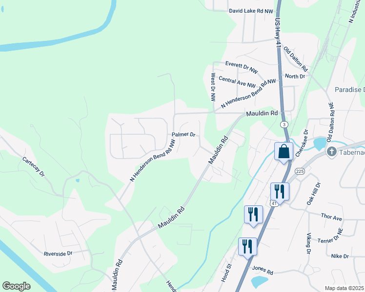map of restaurants, bars, coffee shops, grocery stores, and more near 210 Vickery Lane in Calhoun