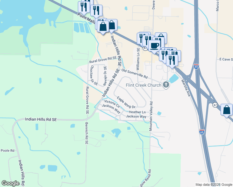map of restaurants, bars, coffee shops, grocery stores, and more near 35 Eagle Wing Drive in Decatur