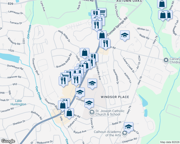 map of restaurants, bars, coffee shops, grocery stores, and more near 1660 East Greenville Street in Anderson