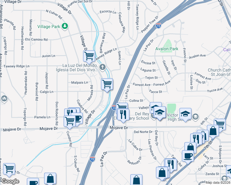 map of restaurants, bars, coffee shops, grocery stores, and more near 15531 Barranca Way in Victorville