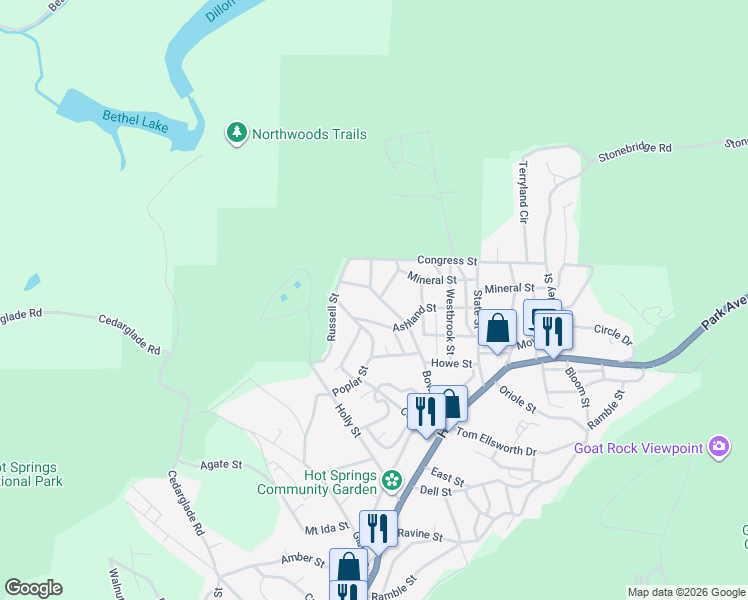 map of restaurants, bars, coffee shops, grocery stores, and more near 425 Bower Street in Hot Springs